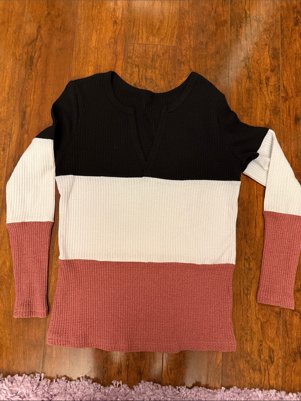 Colorblock Waffle-Knit Long Sleeve Top - Black, White & Salmon